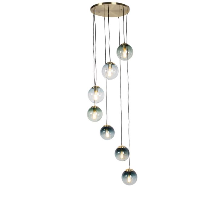 Art Deco Pendant Lamp Brass with 7 Ocean Blue and Green Shades
