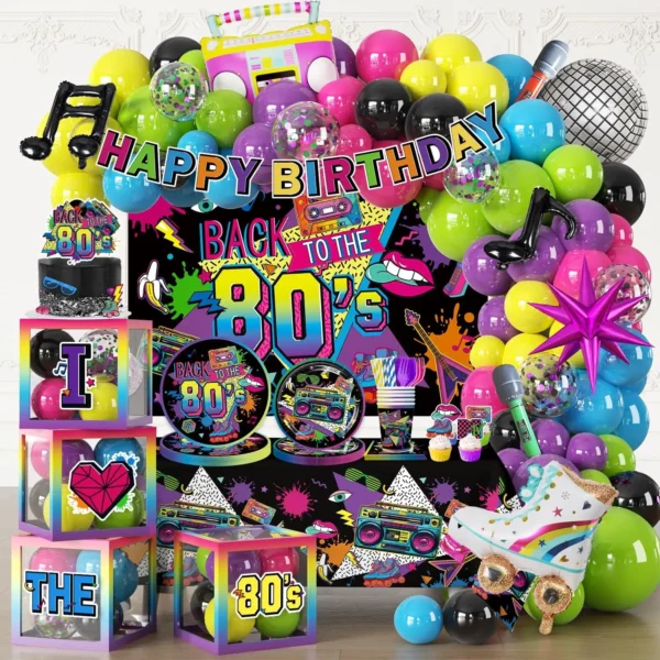 277pcs 80s Party Decorations Serves 25, All-in-one Set with Back To The 80's Backdrop Tableware