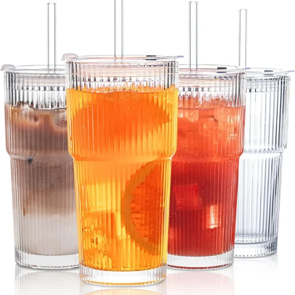 20 oz Ribbed Glass Tumblers with Lids and Glass Straws – 4-Piece Glassware Set, Thickened Wall, Ideal
