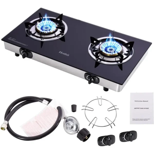 Portable 2 Burner Propane Stove Gas Cooktop, 28600 BTU Tempered Glass Auto Ignition for Outdoor Kitchen, Camping, RV, Small Apar