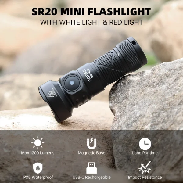 New Sofirn SR20 MINI 1200lm Flashlight 18350 USB C IP68 Waterproof with Red LED Key Light for Camping Emergency Situations