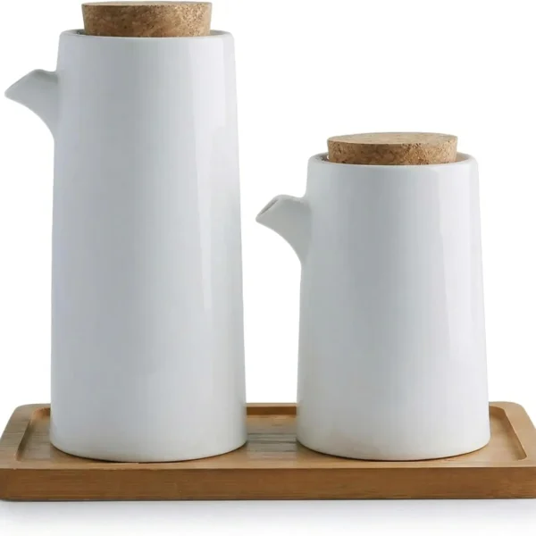 Oil and Vinegar Dispenser Bottle Set, White Ceramic Olive Oil or Soy Sauce Dispenser Set for Kitchen