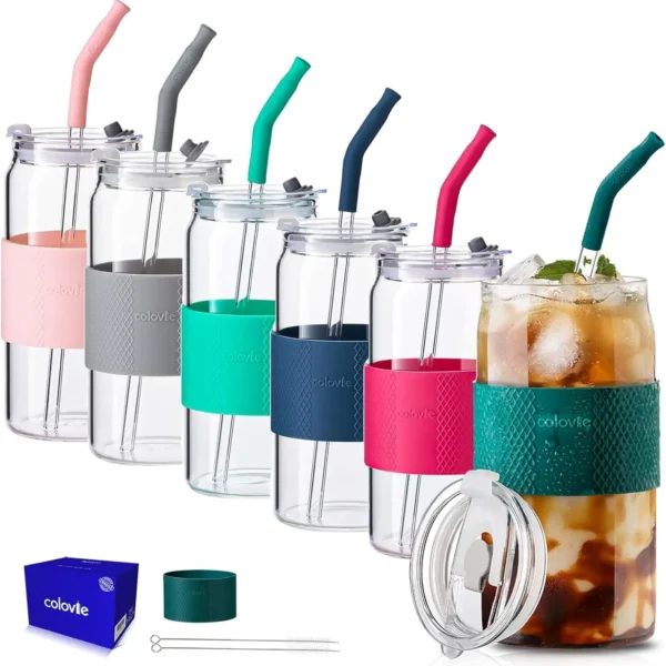 20oz Mixed Drinking Glasses with 6 Colors, Thicken Reusable Glass Tumblers with Lids and Straws