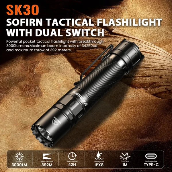 SOFIRN SK30 2800LM Tactical Flashlight SFT70 LED Light 6500K 21700 USB C Rechargeable Torch Double Switch（Local Warehouse ）