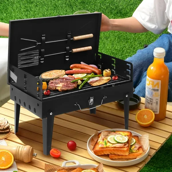 Barbecue Grill Outdoor Portable Charcoal Grill Collapsible Iron Square Charcoal Grill 17.32*10.63*8.66 inch Black