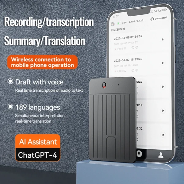 ChatGPT-4 AI Voice Recorder LED Indicator AI Notetaking Device 500mAh Intelligent Note Voice Recorder for International Exchange