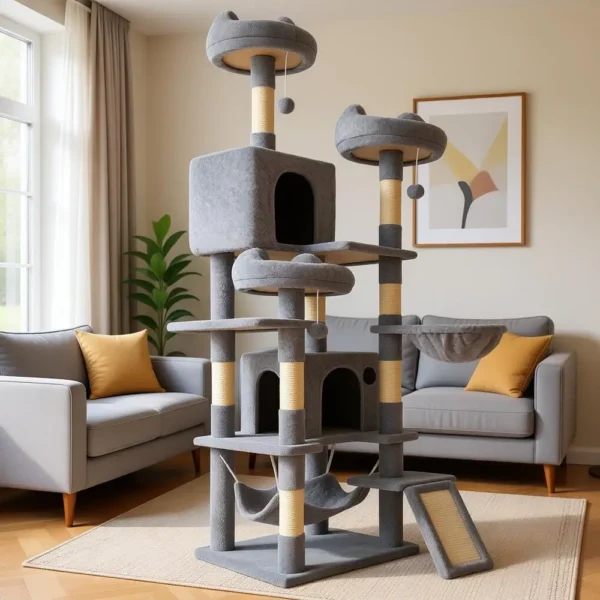75-Inch Tall Cat Tree Indoor: Multi-Level Kitten Tower with Condos, Perches, Sisal Ramp, Scratching Posts & Basket Hammocks Pet