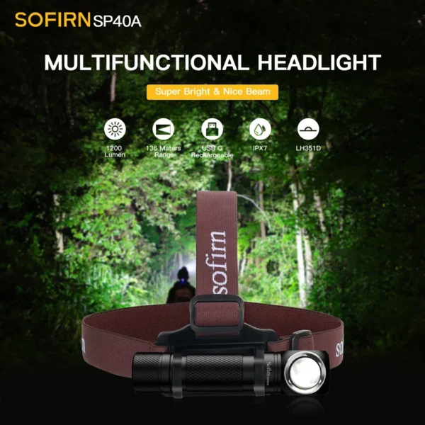 Sofirn SP40A TIR Optics Lens Headlamp TN-3535 LED 18650 USB Rechargeable Head Lamp 1200lm Torch with Magnet Tail Cap