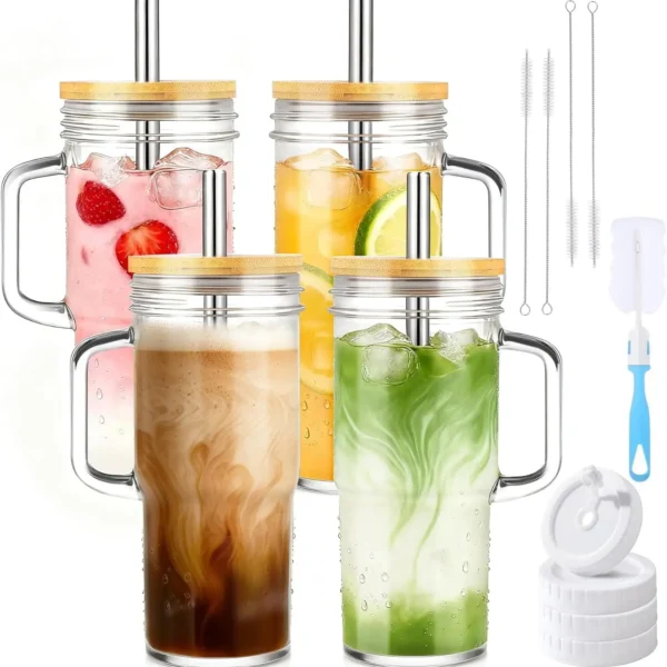 Glass Cups with Lids and Straws,24oz Glass Tumbler With Handle,4 Pack Reusable Iced Coffee Cup with