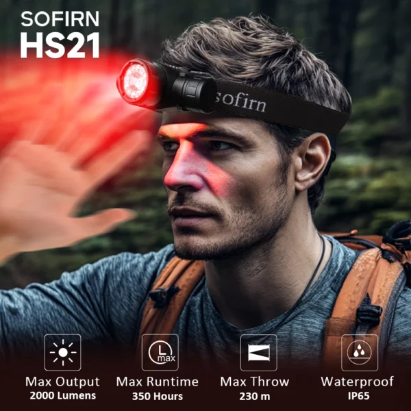 New Sofirn HS21 SFT40 2000lm EDC Red Headlight 18650 USB C Flashlight 6000K Powerful with infrared sensor