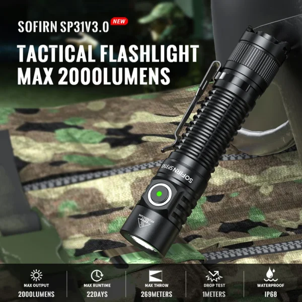 New Sofirn SP31 V3.0 Tactical LED Flashlight with Dual Switch USB C 18650 Rechargeable Power Indicator 6000K 5000K Torch