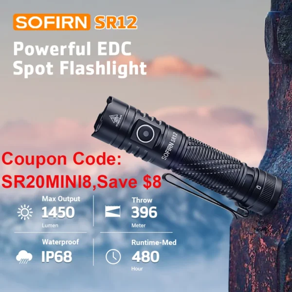 Sofirn SR12 1450lm Pocket Flashlight SFT25R LED Spotlight 396m Powerful Torch with Magnetic Tailcap