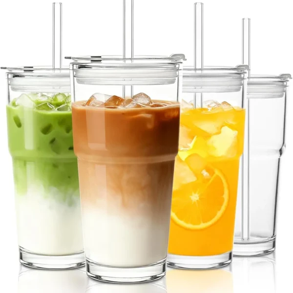 20oz Glass Tumbler with Glass Stand Lid, Set of 4 - Thickened Ice Coffee Cup, Glass Cup with Lid and