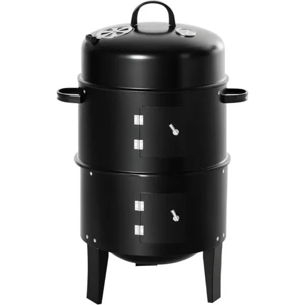 3-in-1 16 Round Charcoal BBQ Smoker with 2 Cooking Areas and Thermometer for Outdoor Camping and Backyard Cooking
