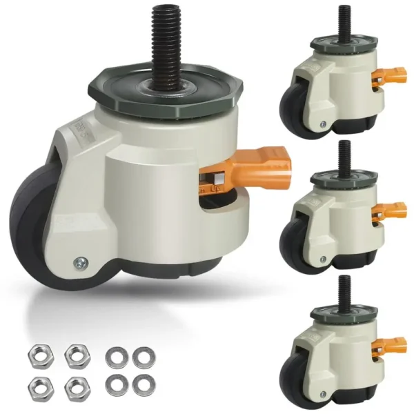 Leveling Stem Casters, M12 Thread Set of 4 Heavy Duty with Leveling Feet, 2200 LBS Retractable Caster Wheels, Adjustable Height