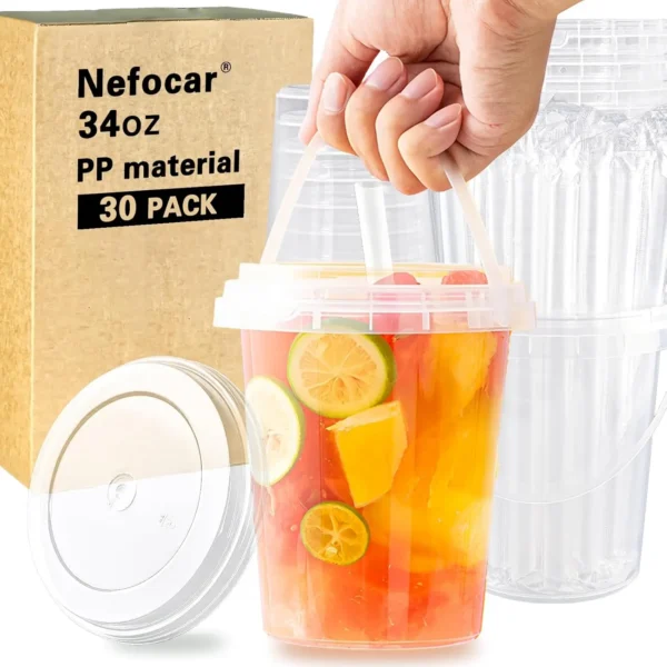30 Pack 34oz Disposable Plastic Cups with Lids and Straws, Iced Coffee Cups with Lids, Sturdy & Food
