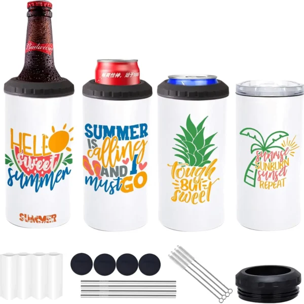 4 Pcs 16 oz Sublimation Blank Tumblers Skinny 4 in 1 Can Cooler with 2 Lid StainlSteel Double Wall